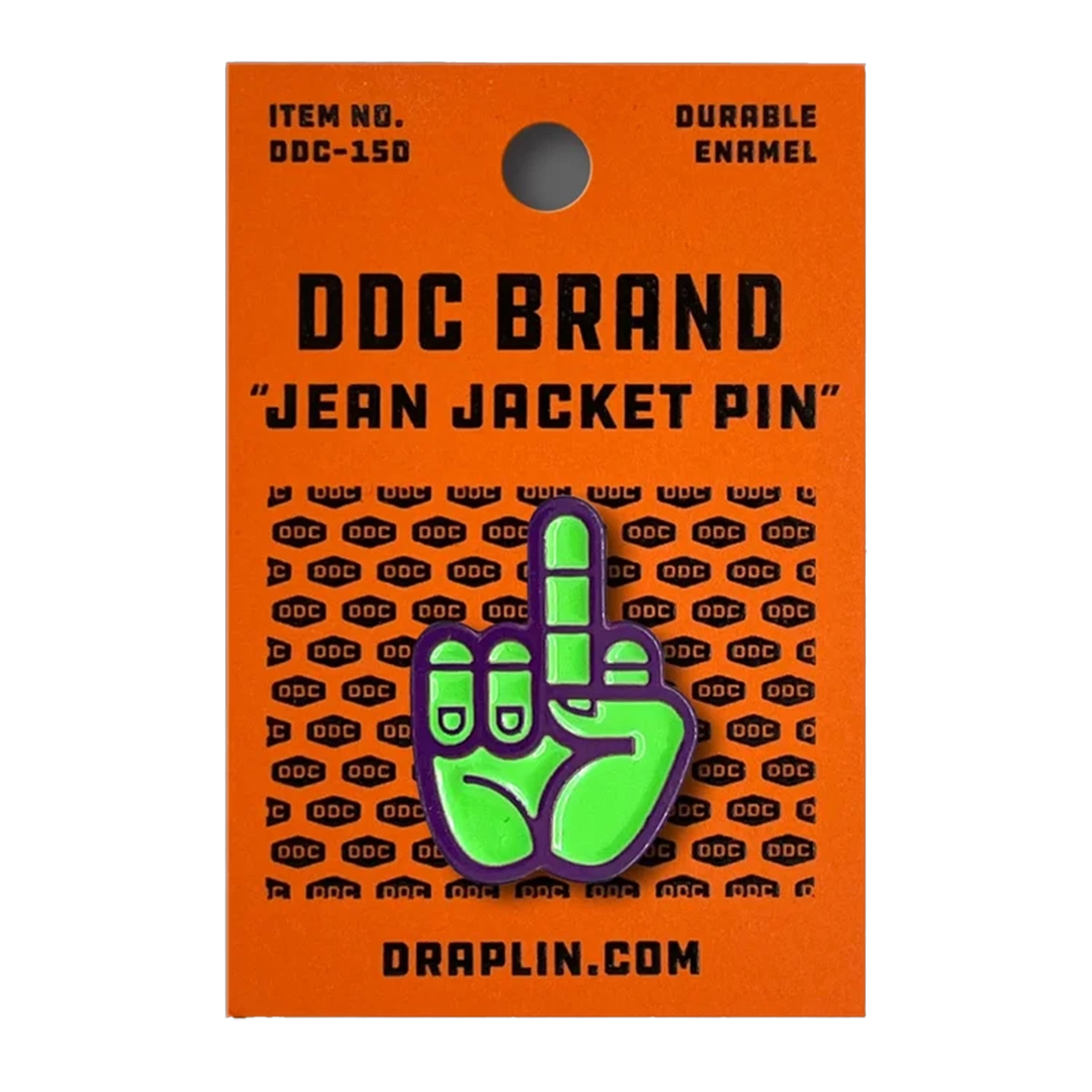 Fluorescent green on purple enamel middle finger pin from Draplin Design Co. Bold, durable, gift-ready on DDC card. Ships from The Simple Man in Omaha.