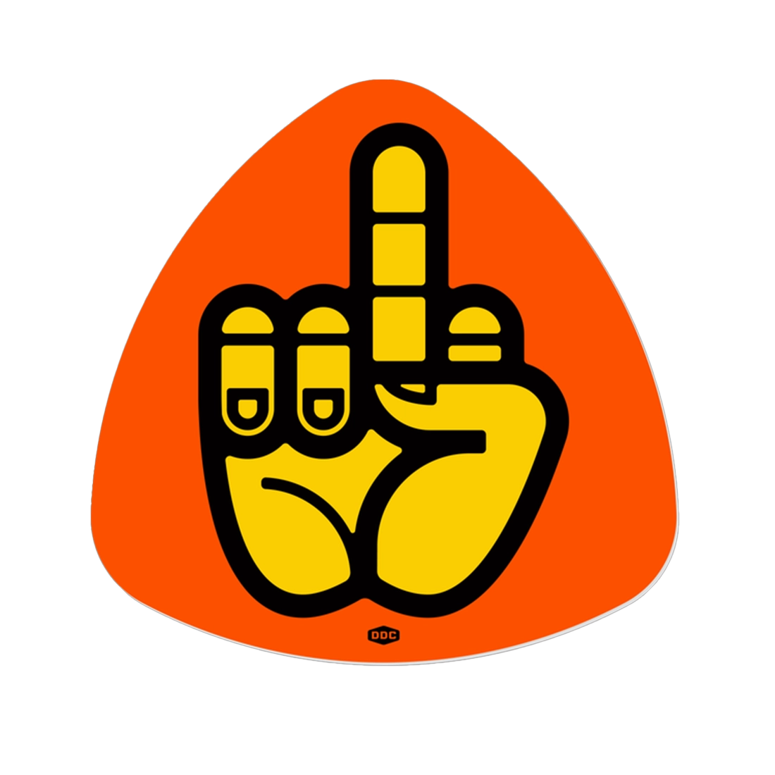 Draplin Design Co. DDC-229 Middle Finger vinyl decal — orange yellow black screen printed weatherproof sticker guitar pick shape 3.5 inch