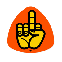Draplin Design Co. DDC-229 Middle Finger vinyl decal — orange yellow black screen printed weatherproof sticker guitar pick shape 3.5 inch