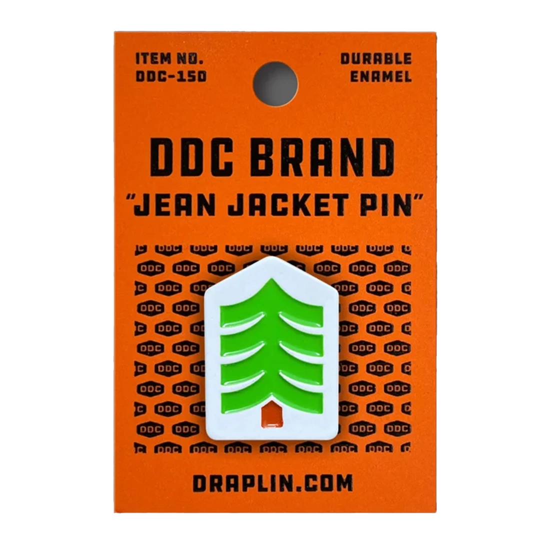 Draplin Design Co. DDC-223 Great Outdoors Tree enamel lapel pin on orange DDC Brand Jean Jacket Pin card — green evergreen tree white enamel pin