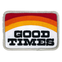 Draplin Design Co. DDC-266 Good Times embroidered souvenir patch — retro sunset stripe red orange gold black lettering white backing silver merrow border