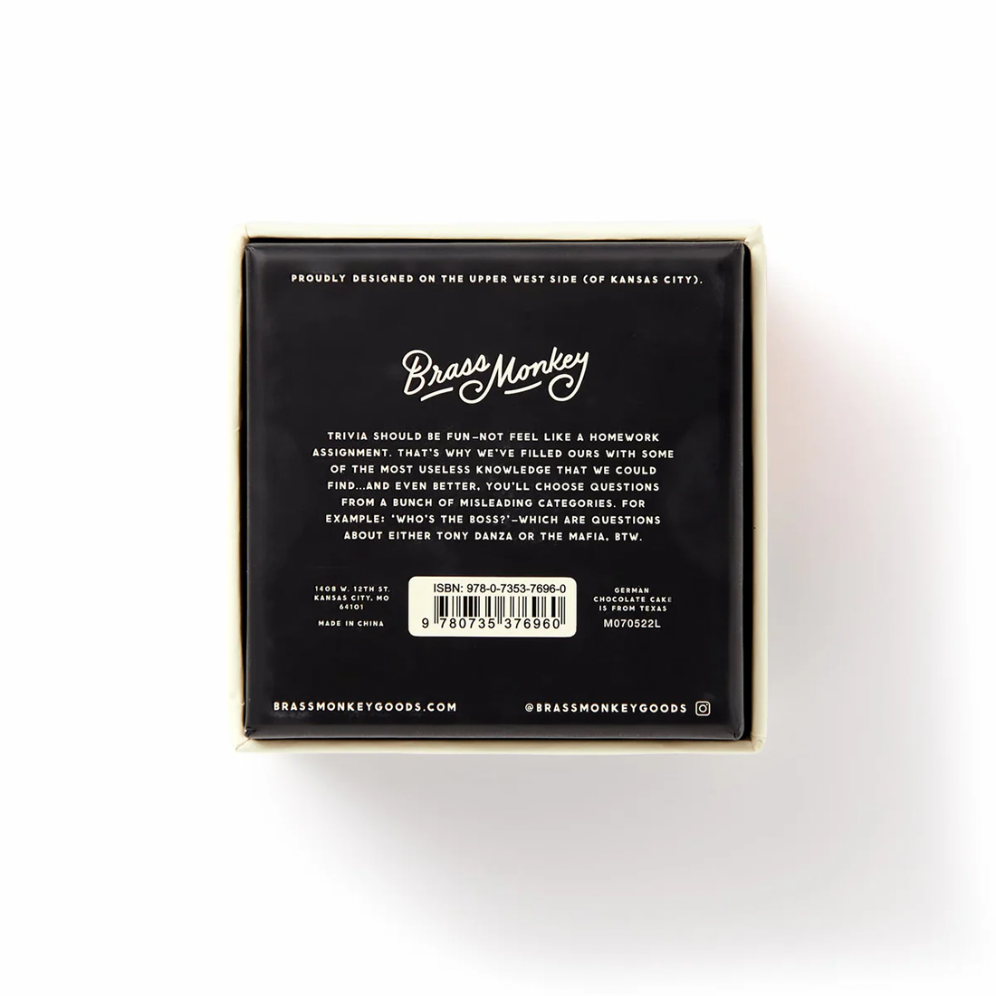 Delightfully Useless Trivia box back showing Brass Monkey branding and description