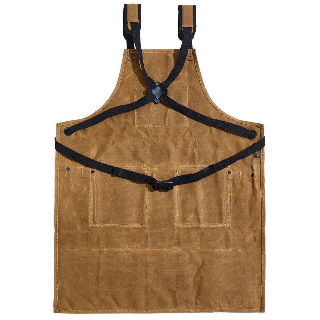 Readywares Deluxe Utility Apron back view flat lay — cross-back adjustable straps quick-release buckle waxed canvas white background
