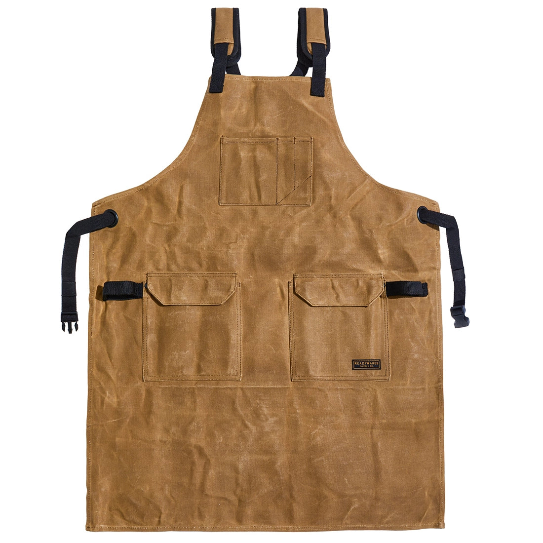 Readywares Deluxe Utility Apron front view flat lay white background — 16oz waxed canvas hammer loops sawdust flap pockets adjustable straps