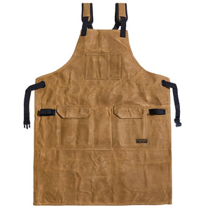 Readywares Deluxe Utility Apron front view flat lay white background — 16oz waxed canvas hammer loops sawdust flap pockets adjustable straps