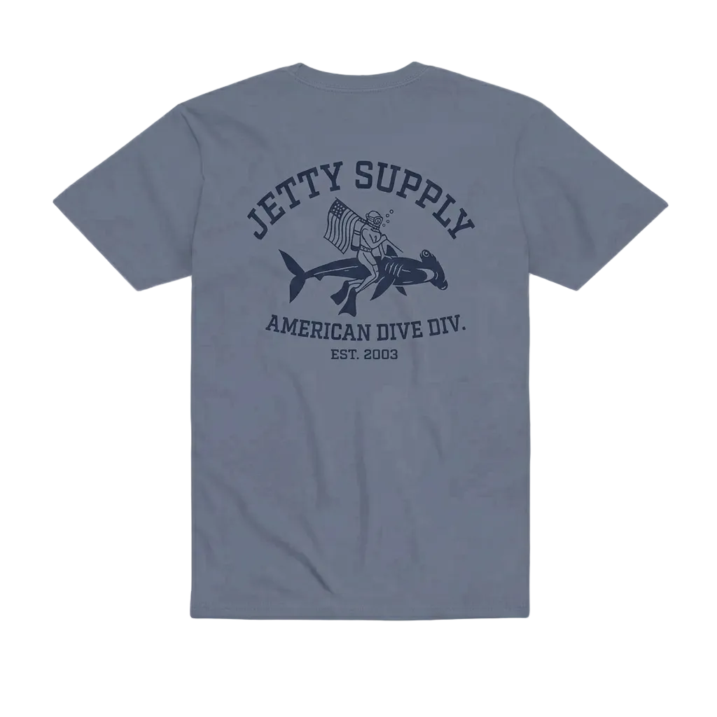 Division Tee Fog back – scuba diver riding shark American flag graphic – Jetty Supply printed in New Jersey – The Simple Man