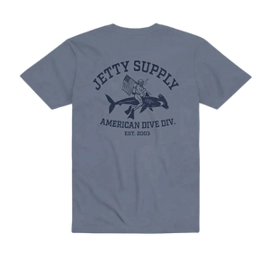 Division Tee Fog back – scuba diver riding shark American flag graphic – Jetty Supply printed in New Jersey – The Simple Man