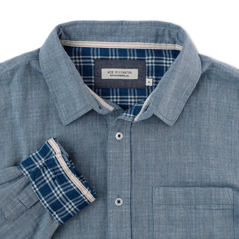 Ace Rivington Double Cloth Chambray blue shirt, close up detail view