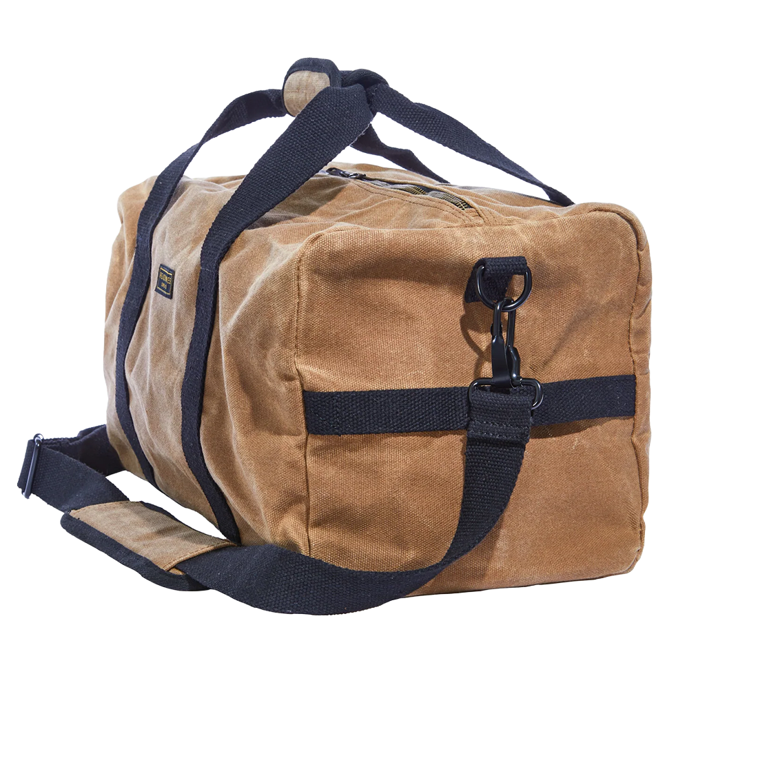 Readywares Waxed Canvas Duffel Bag, side view showing D-ring clip and adjustable shoulder strap