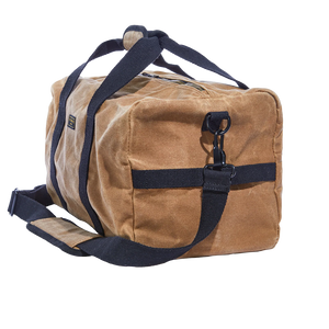 Readywares Waxed Canvas Duffel Bag, side view showing D-ring clip and adjustable shoulder strap