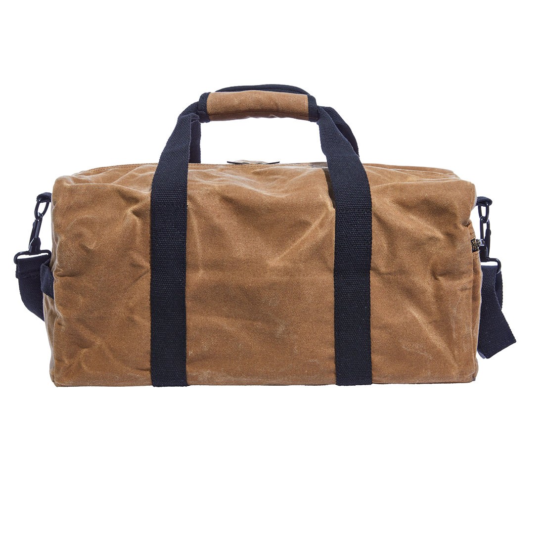 Readywares Waxed Canvas Duffel Bag, front view showing Readywares Supply Co. branded patch and shoulder strap clips