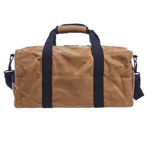 Readywares Waxed Canvas Duffel Bag, front view showing Readywares Supply Co. branded patch and shoulder strap clips