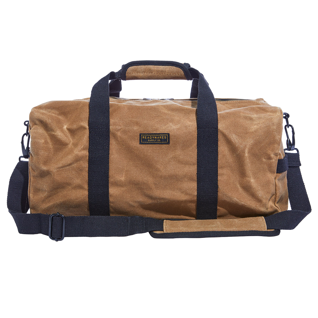 Readywares Waxed Canvas Duffel Bag, front view with adjustable shoulder strap