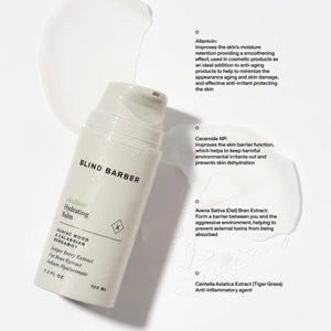 Blind Barber elixBoost Hydrating Balm bottle with texture spill, allantoin and ceramide detail, The Simple Man