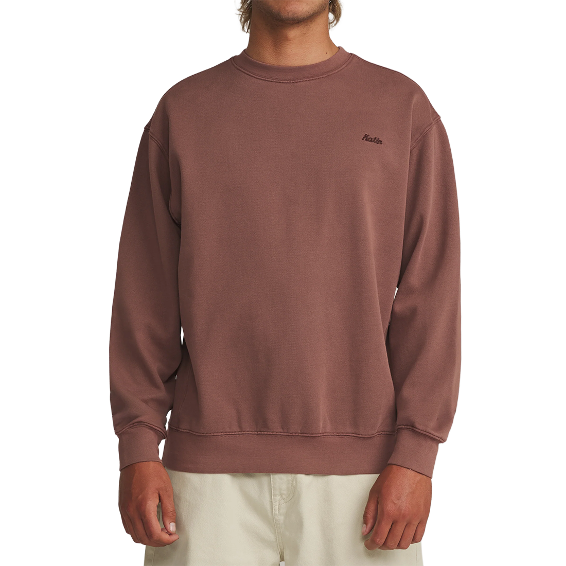Katin Emb Crew Fleece in French Roast Vintage Wash, on-model front view with embroidered logo