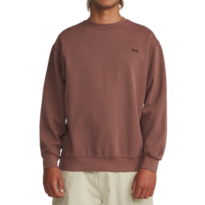 Katin Emb Crew Fleece in French Roast Vintage Wash, on-model front view with embroidered logo