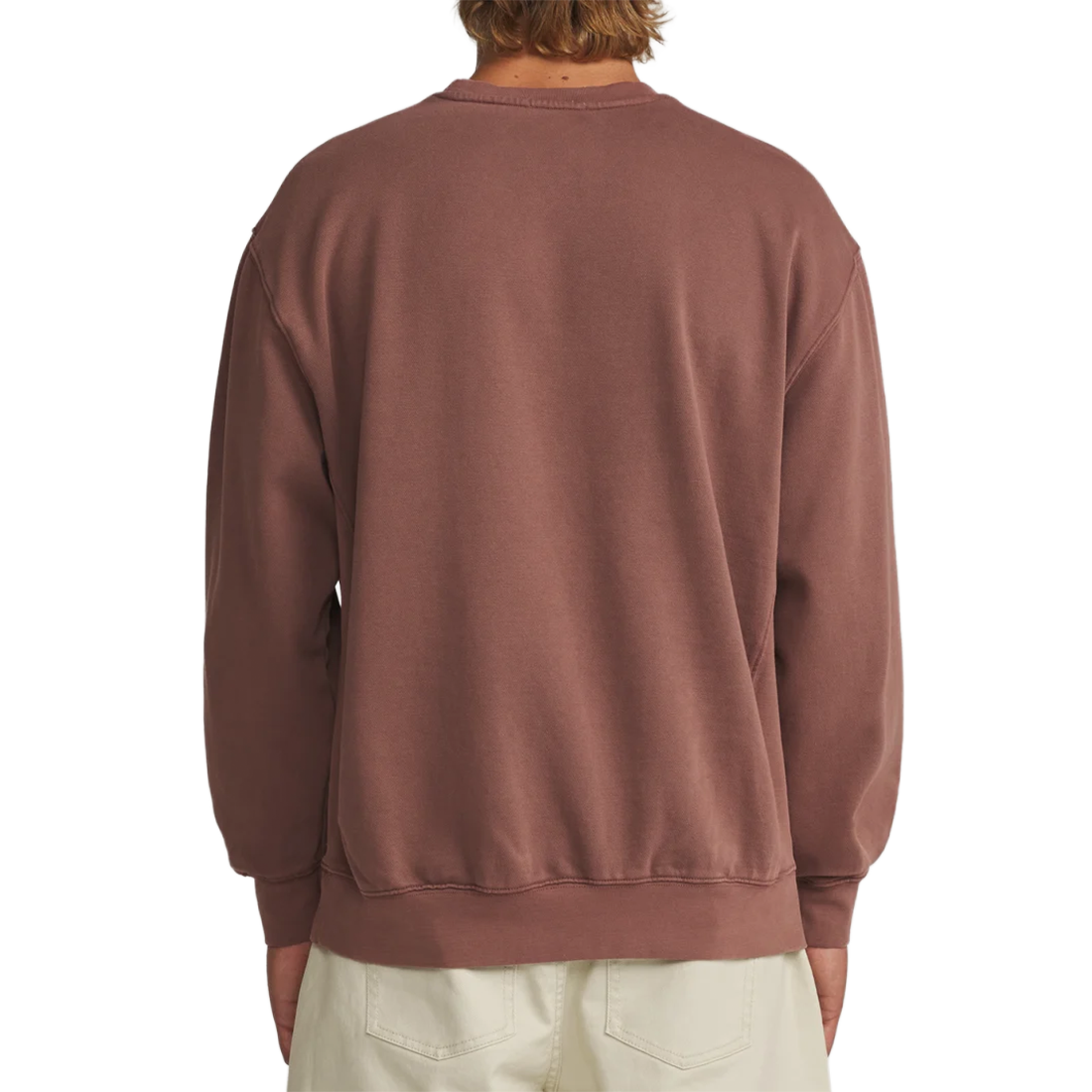 Katin Emb Crew Fleece in French Roast Vintage Wash, on-model back view