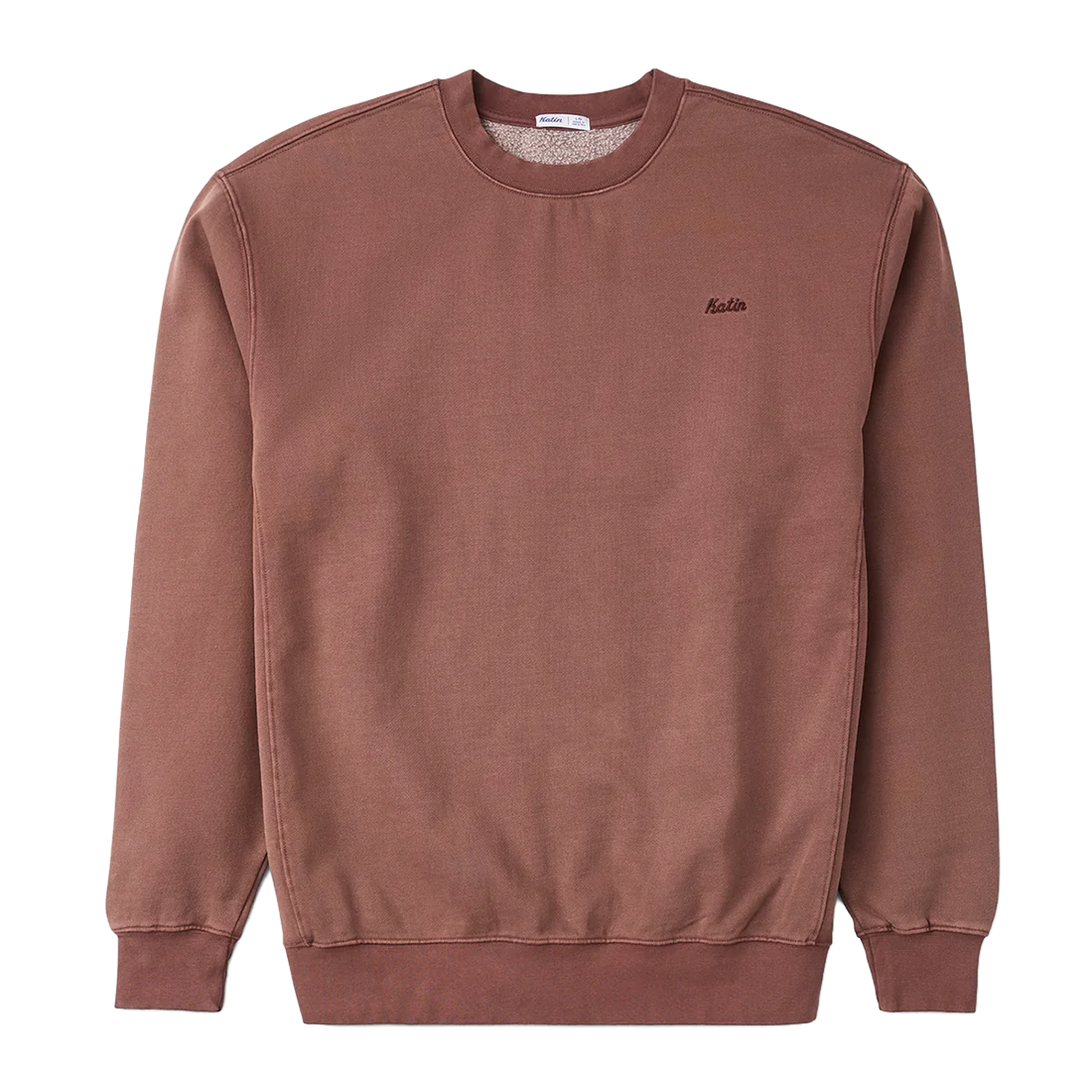 Katin Emb Crew Fleece in French Roast Vintage Wash, flat lay product shot