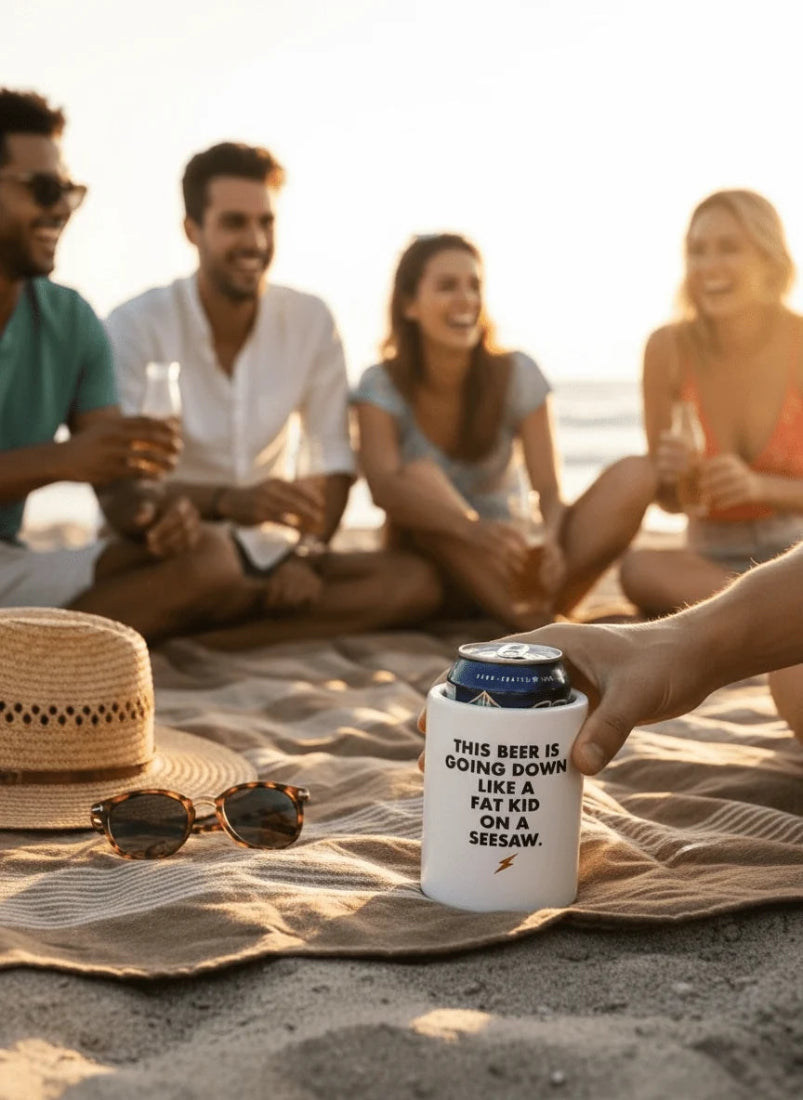 Fat Kid on a Seesaw beer koozie on a beach blanket held by hand, friends laughing in background at golden hour