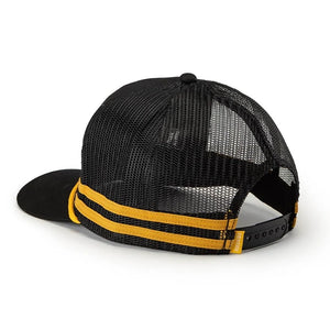 Rear view of black and yellow Flying W Snapback hat with mesh backing, yellow racing stripes, and snapback adjuster by Seager and Waylon Jennings