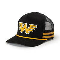 Front angle of Seager x Waylon Jennings Flying W Snapback Hat with bold chenille patch, yellow accent stripes, and black mesh paneling