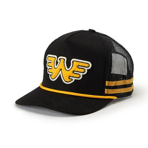 Front angle of Seager x Waylon Jennings Flying W Snapback Hat with bold chenille patch, yellow accent stripes, and black mesh paneling