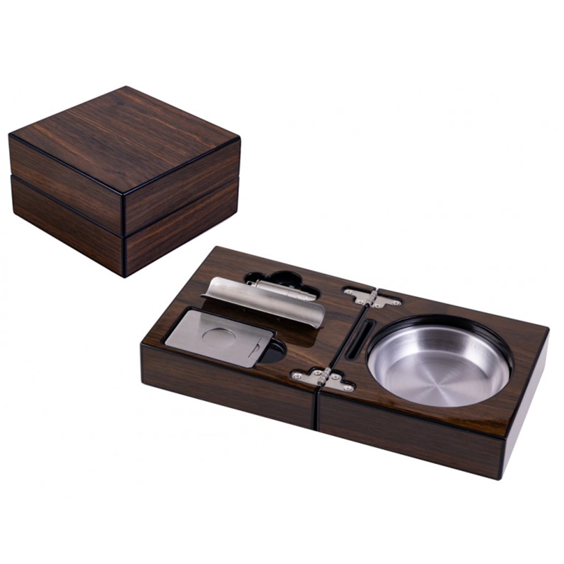 High gloss walnut folding cigar ashtray set closed box and open flat view — showing stainless steel accessories cigar bed and ash reservoir