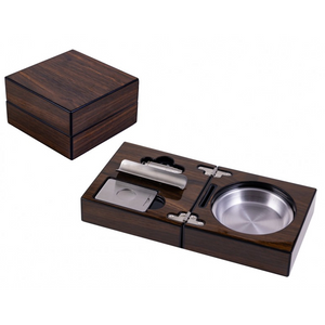 High gloss walnut folding cigar ashtray set closed box and open flat view — showing stainless steel accessories cigar bed and ash reservoir