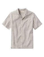 The Normal Brand Freshwater Resort Shirt Vintage Blue Stripe flat lay – men's 55% linen 45% rayon camp collar shirt with engraved buttons