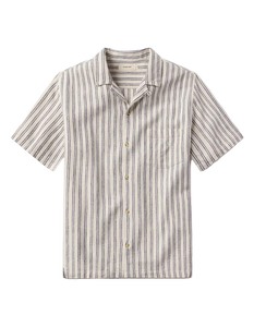 The Normal Brand Freshwater Resort Shirt Vintage Blue Stripe flat lay – men's 55% linen 45% rayon camp collar shirt with engraved buttons