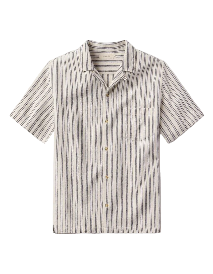 The Normal Brand Freshwater Resort Shirt Vintage Blue Stripe flat lay – men's 55% linen 45% rayon camp collar shirt with engraved buttons