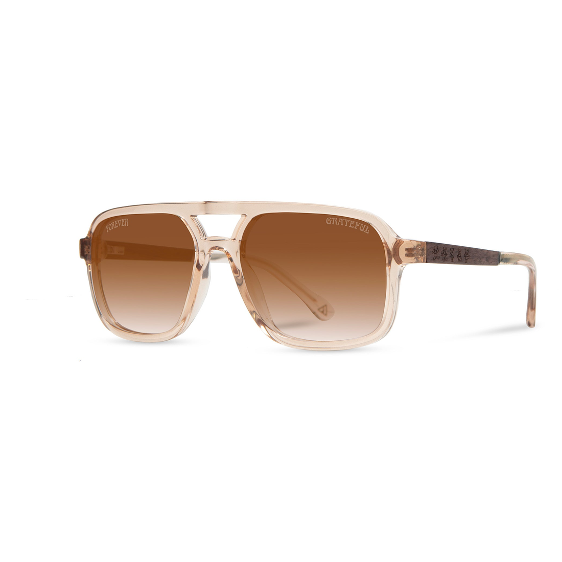 Glacier Grateful Dead Bears Edition sunglasses with desert frame, angled side view showing the wood temple