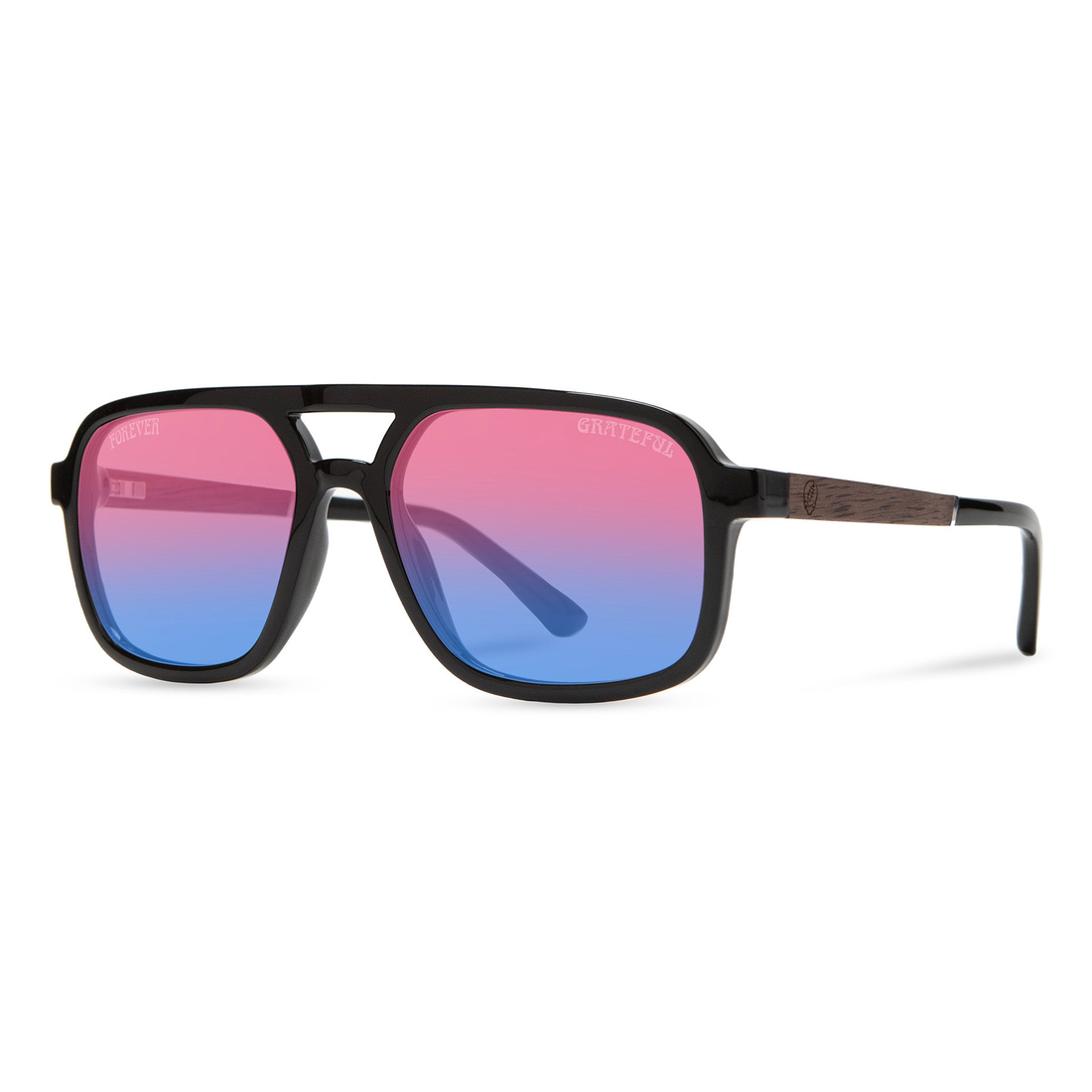 Glacier Grateful Dead Stealie Edition sunglasses, angled side view showing the wood temple