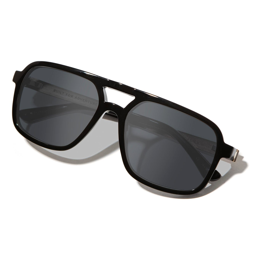 Glacier Sunglasses black frame and grey polarized lenses, three-quarter view