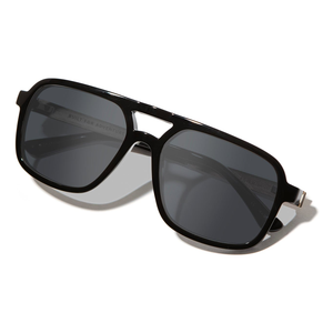 Glacier Sunglasses black frame and grey polarized lenses, three-quarter view