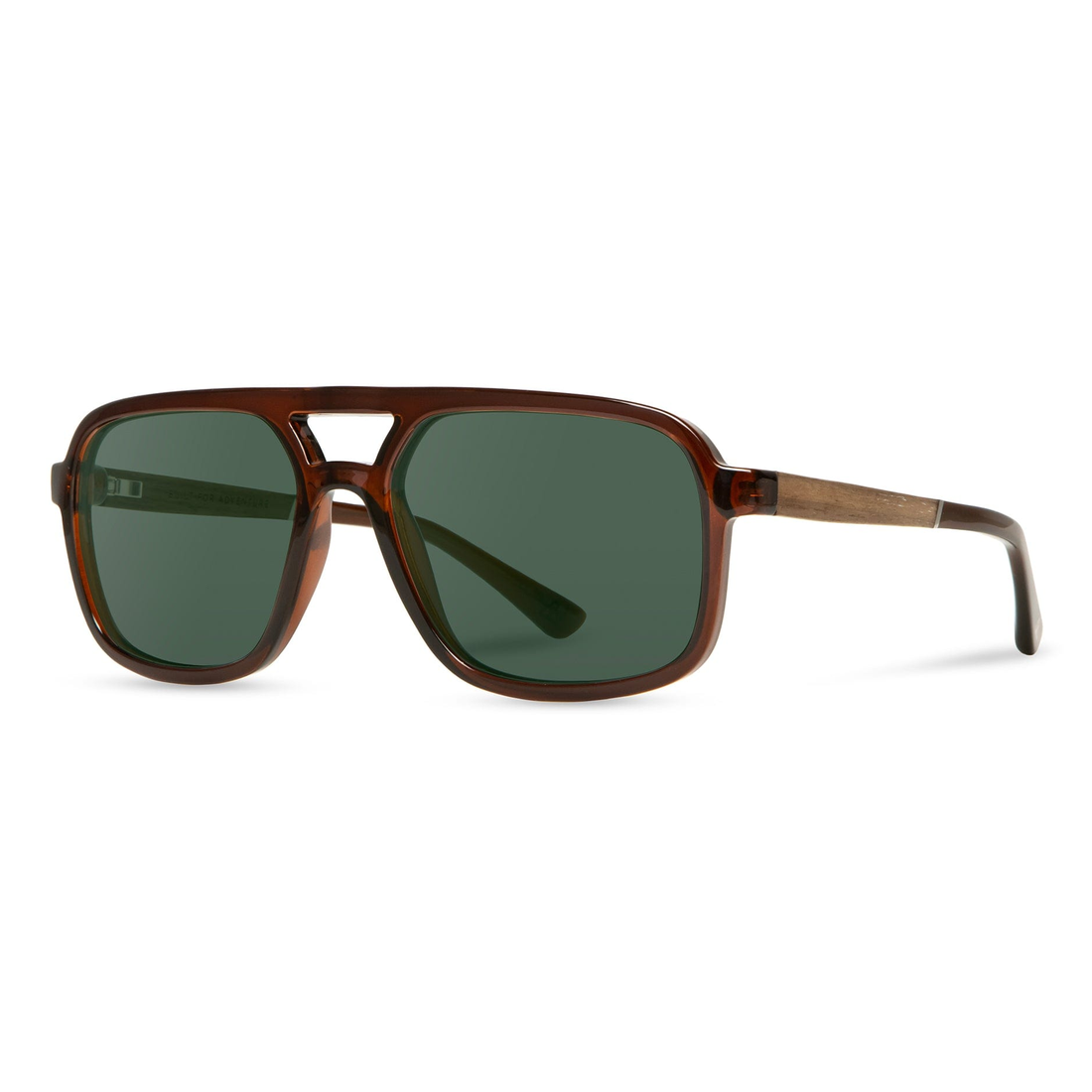 Glacier Sunglasses with clay frame and G15 grey polarized lenses, angled side view showing the walnut temple