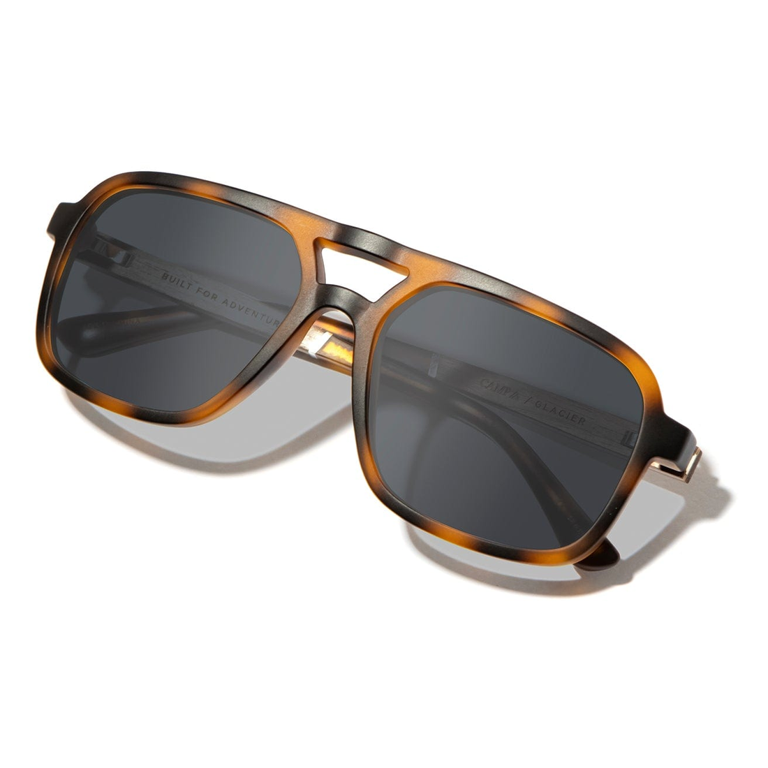 Glacier Sunglasses with matte tortoise frame and HD Plus grey polarized lenses, three-quarter view