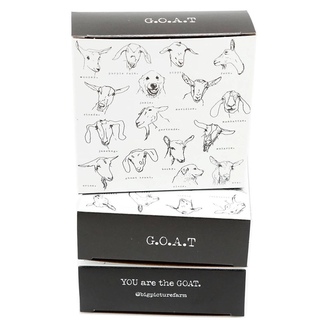 Big Picture Farm G.O.A.T. caramel box closed — black and white hand-drawn goat portrait packaging You Are the GOAT Vermont caramels
