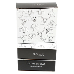 Big Picture Farm G.O.A.T. caramel box closed — black and white hand-drawn goat portrait packaging You Are the GOAT Vermont caramels