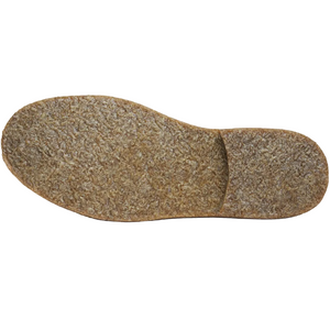 Natural crepe rubber outsole of the dark khaki Greenflex chukka boot, bottom view, The Simple Man