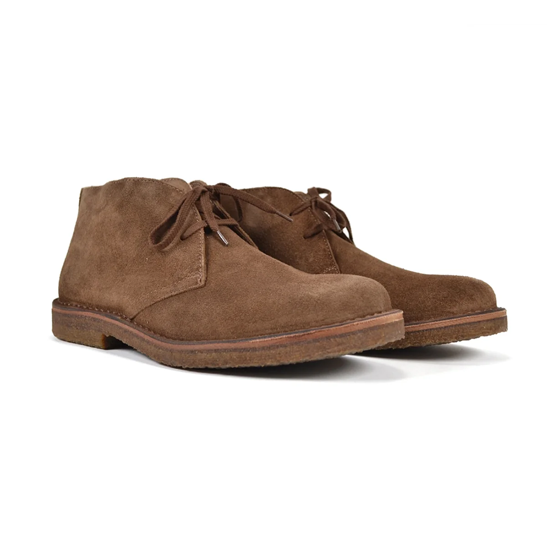 Pair of dark khaki suede Greenflex chukka boots with brown laces, front angle view, The Simple Man