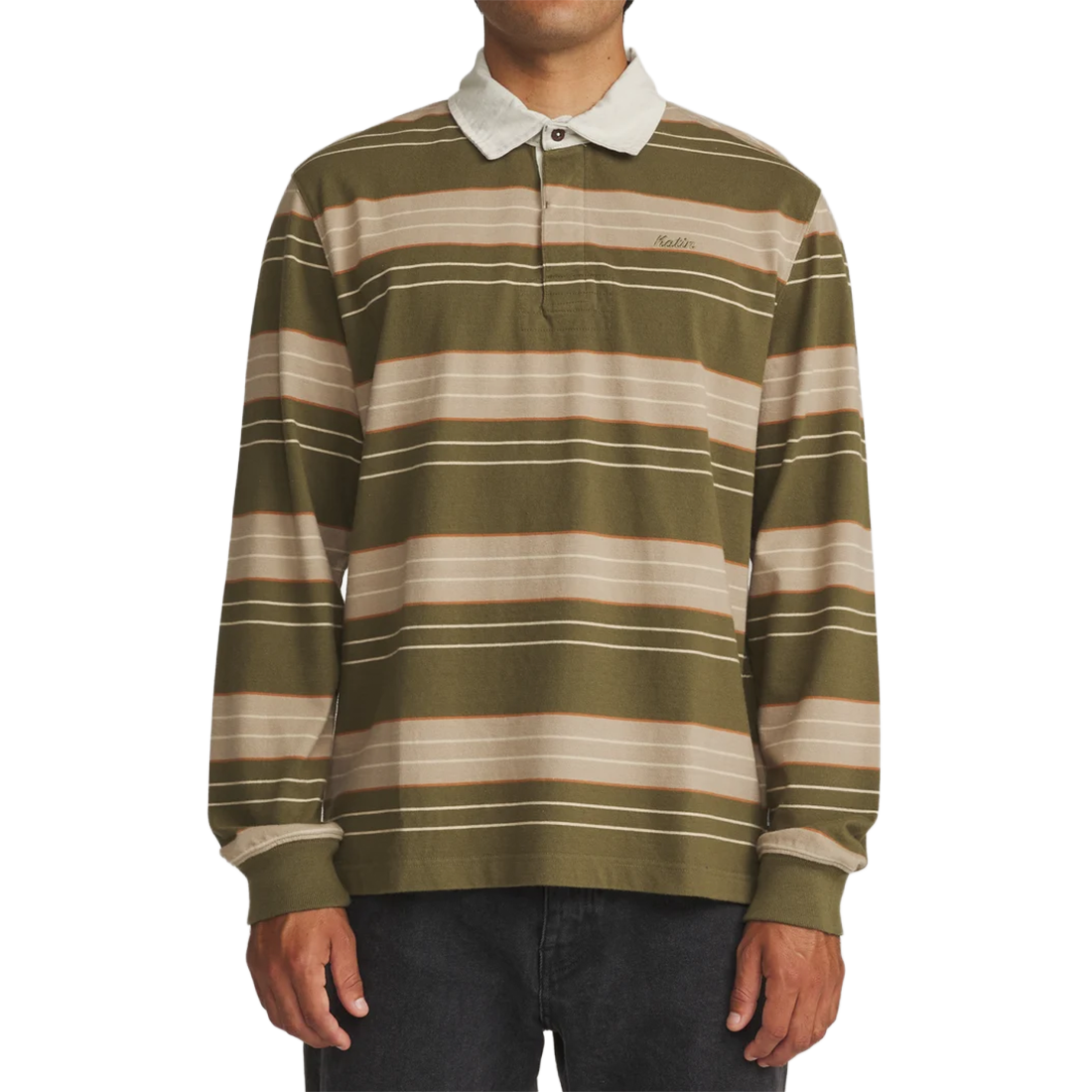 Katin Greg Long Sleeve Rugby Polo in Olive, on-model front view with contrast collar