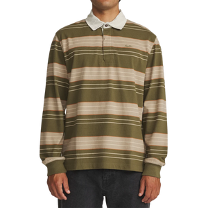Katin Greg Long Sleeve Rugby Polo in Olive, on-model front view with contrast collar