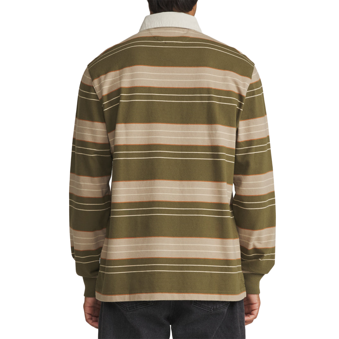 Katin Greg Long Sleeve Rugby Polo in Olive, on-model back view showing yarn-dyed stripe pattern