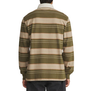Katin Greg Long Sleeve Rugby Polo in Olive, on-model back view showing yarn-dyed stripe pattern