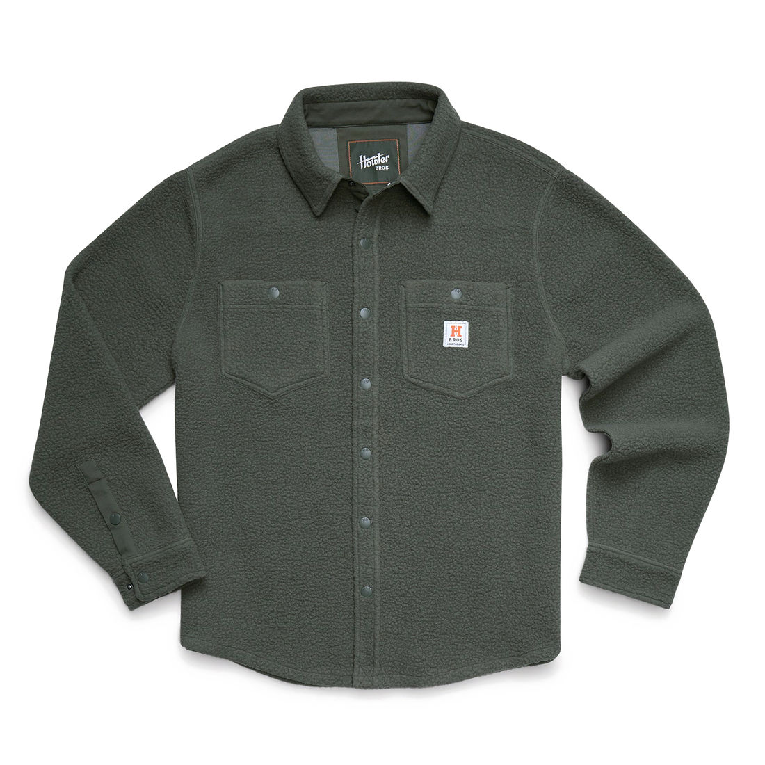 Allegheny fleece overshirt in Beetle green, flat lay with snap placket and chest pockets - The Simple Man
