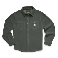 Allegheny fleece overshirt in Beetle green, flat lay with snap placket and chest pockets - The Simple Man