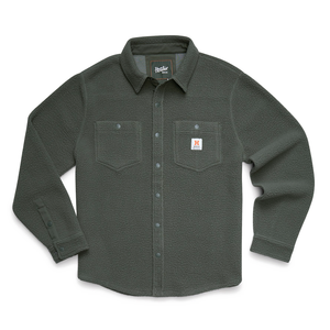 Allegheny fleece overshirt in Beetle green, flat lay with snap placket and chest pockets - The Simple Man