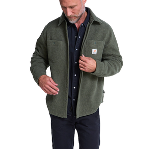 Man wearing Beetle green fleece overshirt open over a dark shirt, front view