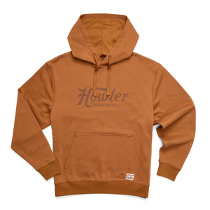 Trade hoodie in Workbench burnt tan brushed fleece, flat lay with Howler Script embroidery - The Simple Man